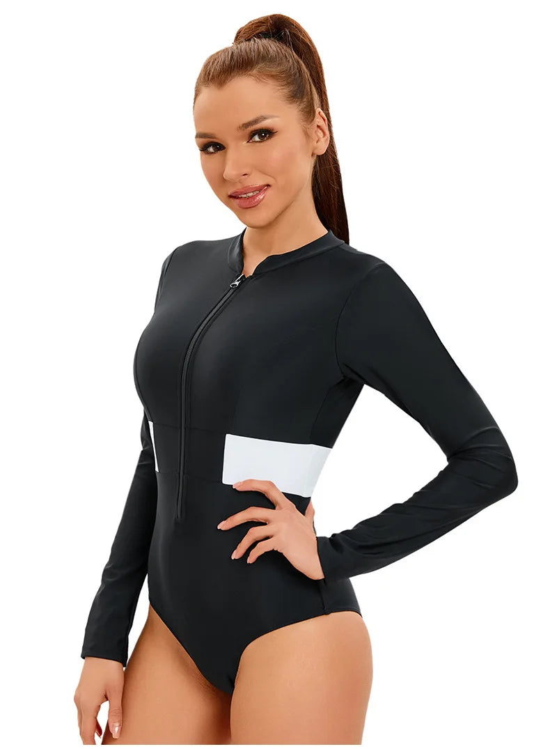 Long Sleeve Zip-Front Rash Guard One-Piece Swimsuit — UPF Sun Protection | Women's Swimwear