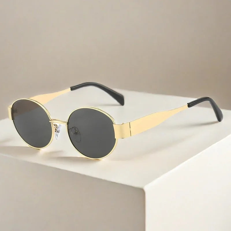 Retro Small Oval Metal Sunglasses | Gold & Black | Myopia Options