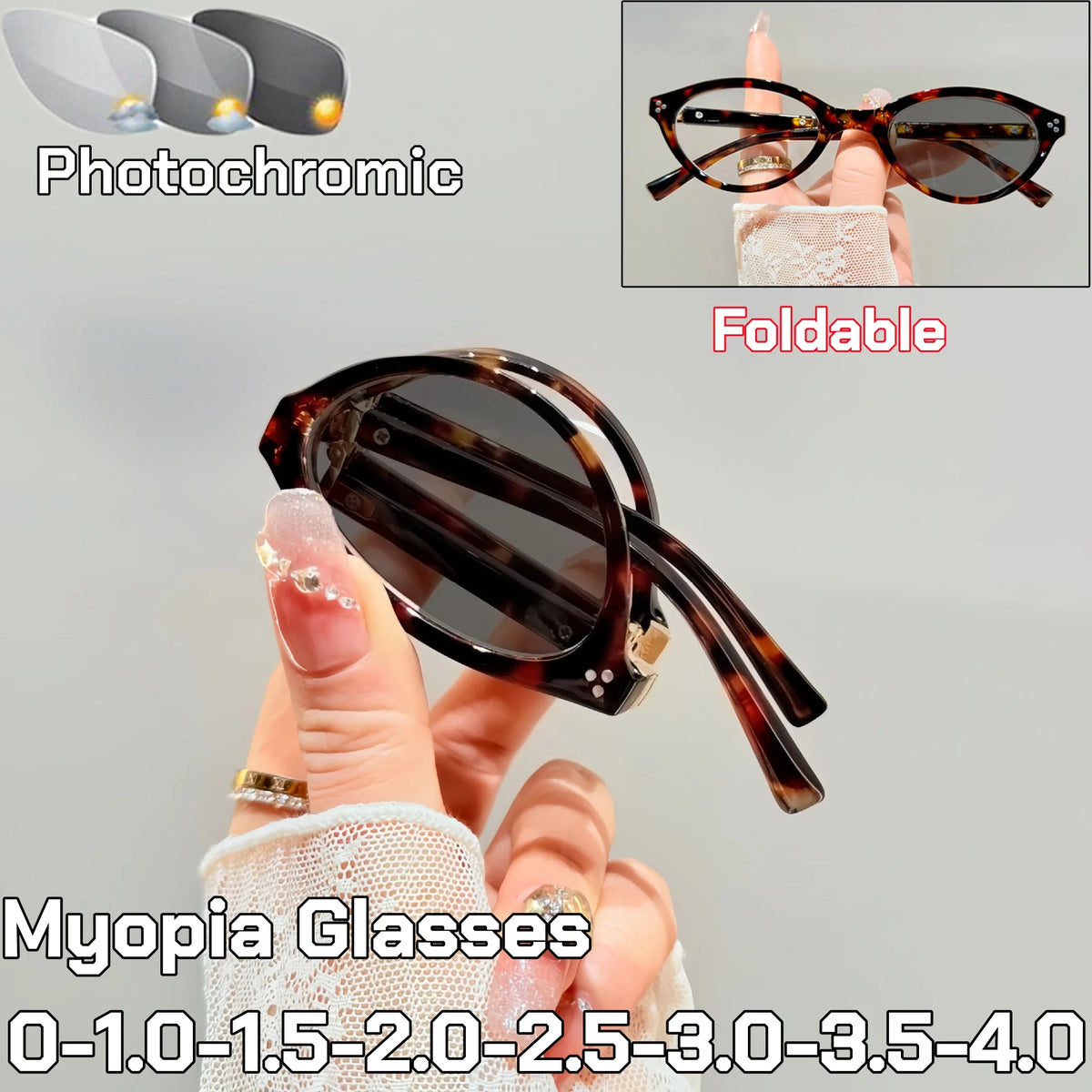 Foldable Oval Photochromic Glasses | Myopia Lens Options