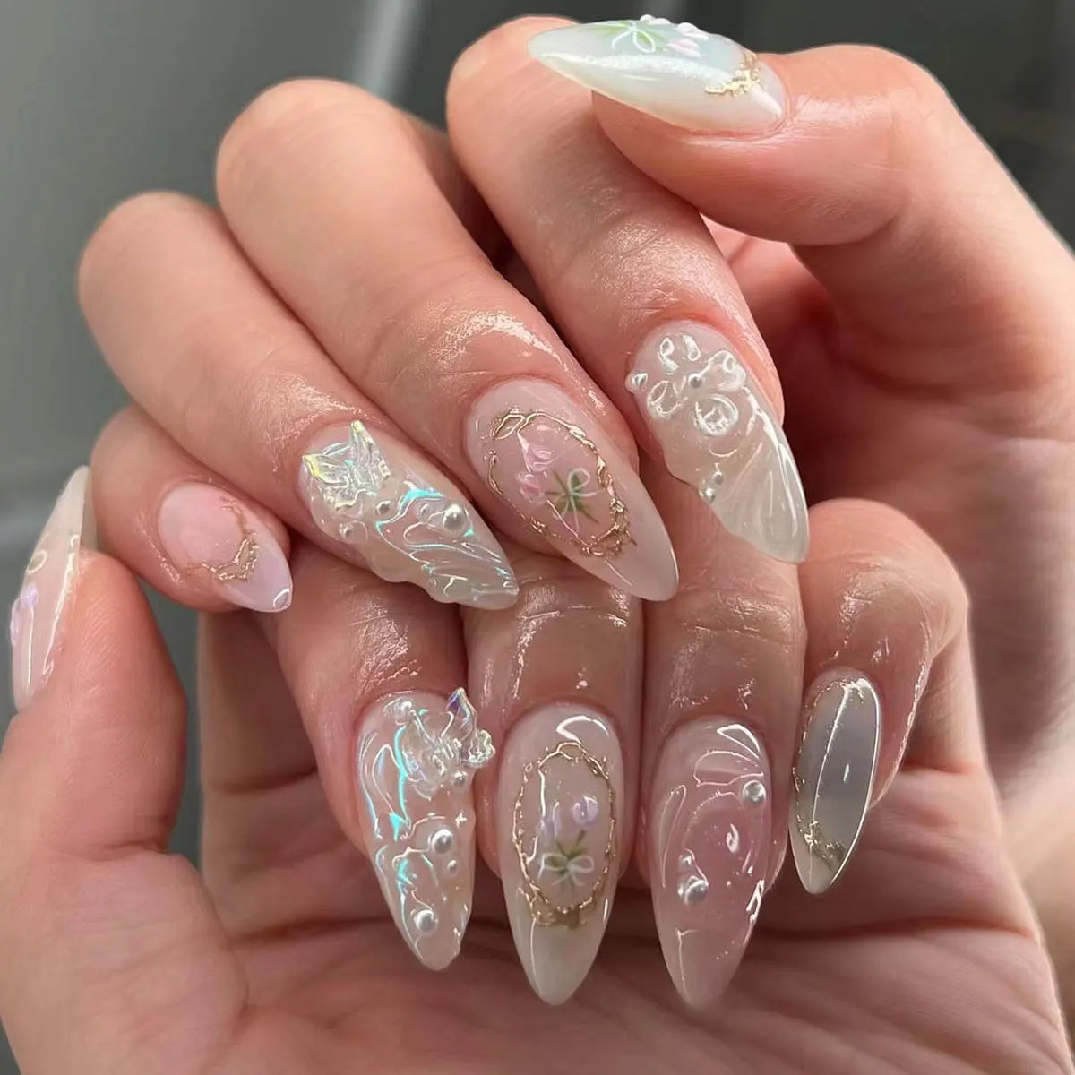 Almond Press-On Nails - 3D Floral, Butterfly & French Tip, 24 Pieces