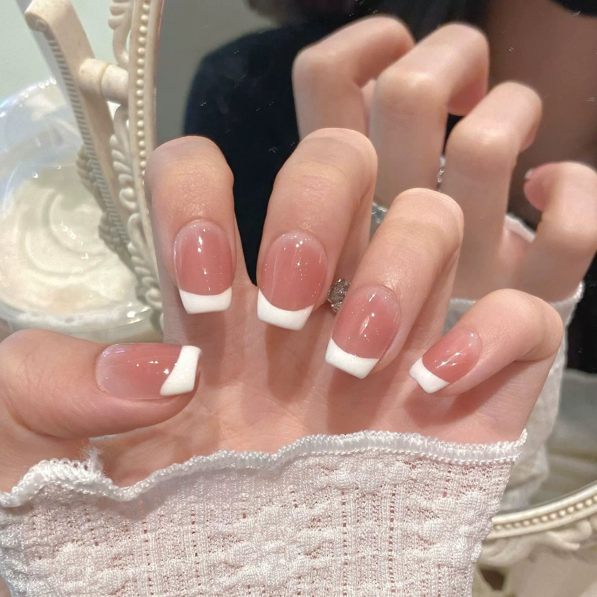 Handmade Coffin Press-On Nails with Glue - Nude French & Gradient, 10 Pieces