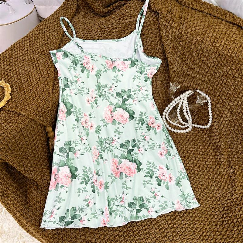 Butterfly Print Satin Sleep Dress — Spaghetti Strap Mini Nightgown