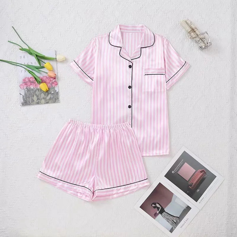 Striped Cardigan Pajama Set – Short-Sleeve Lapel Top & Shorts, Cotton Homewear for Women (S–XL)