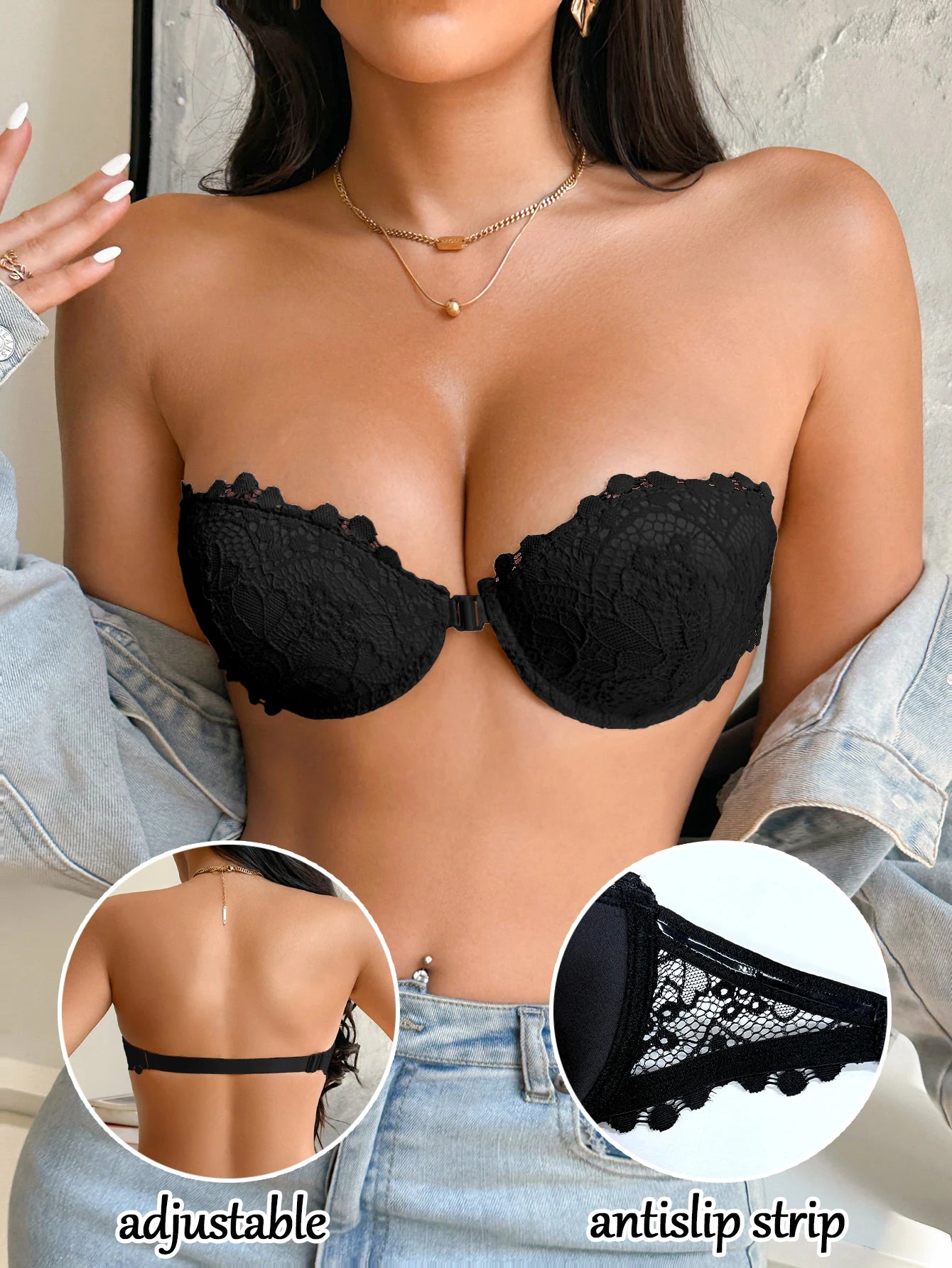 Lace Half-Cup Strapless Push-Up Bra — Front Clasp Non-Slip | Women's Lingerie