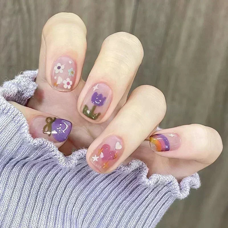 Short Press-On Nails - French Tip, Bow & Glitter Designs, 24 Pieces