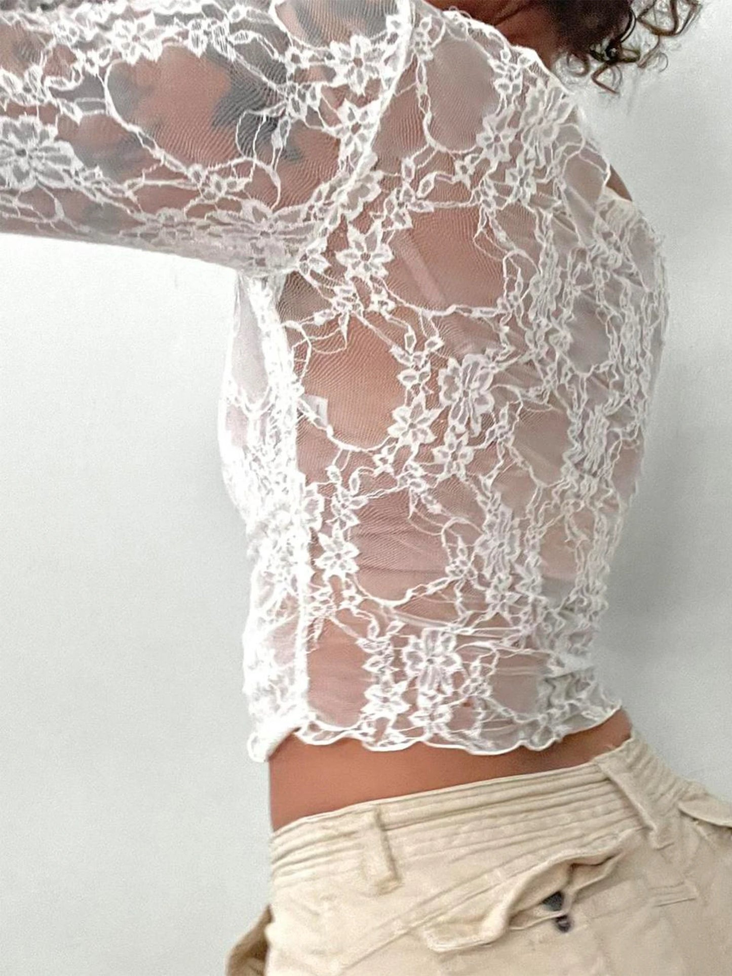 Sexy Women Lace Mesh Sheer Crop Tops Long Sleeve See Through T Shirt Going Out Tops Slim Fit Cover Up Blouse Top