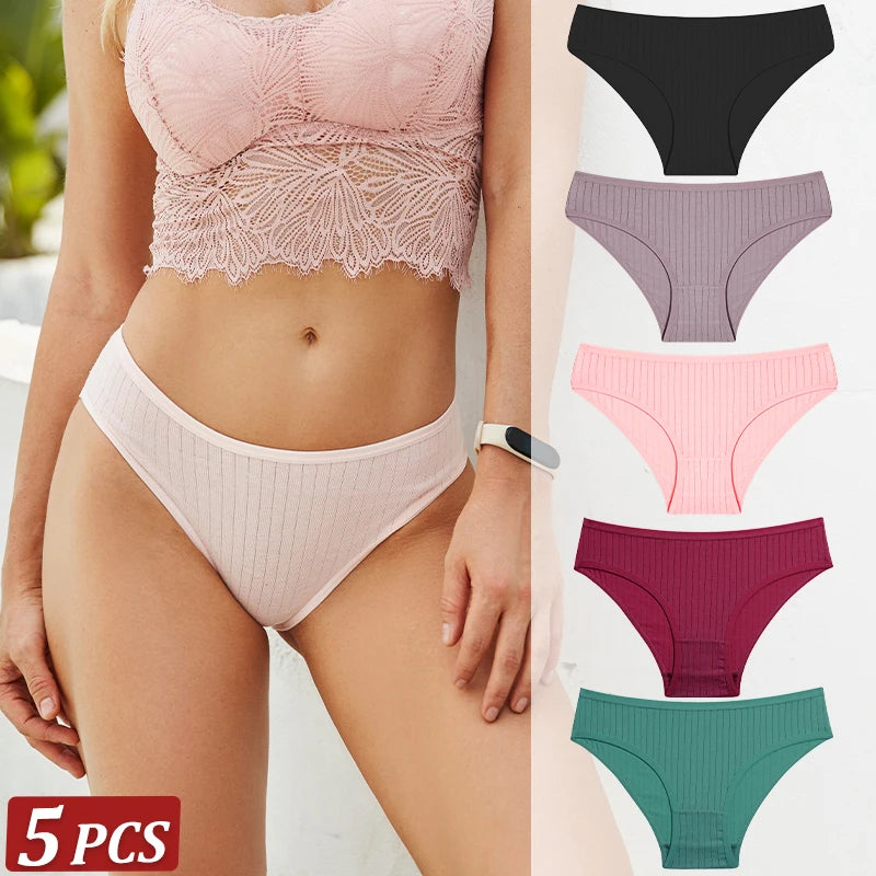 5-Pack Cotton Striped & Solid Brief Panties – Breathable Low-Rise Underwear for Women (M–XL, 12 Color Sets)