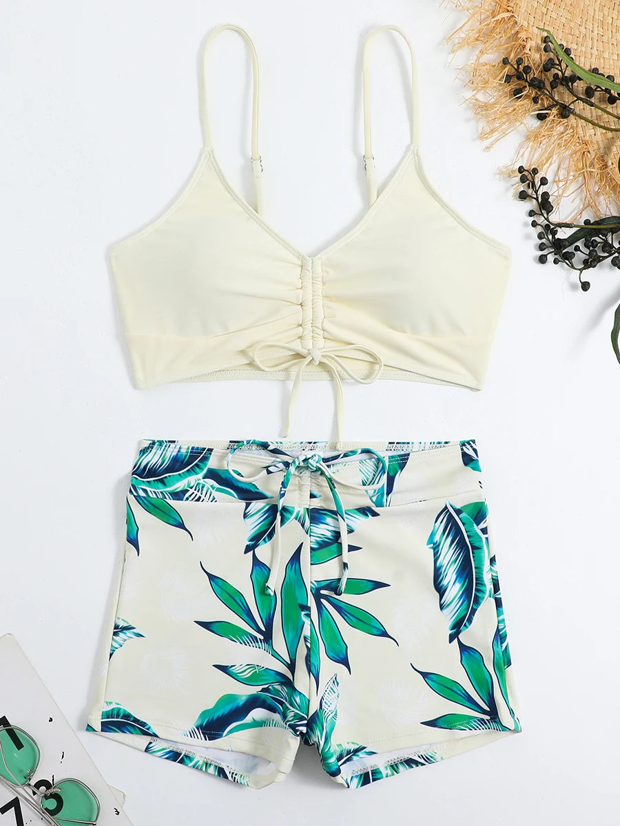 High Waist Shorts Bikini Set — Drawstring Top & Swim Shorts | Women's Swimwear