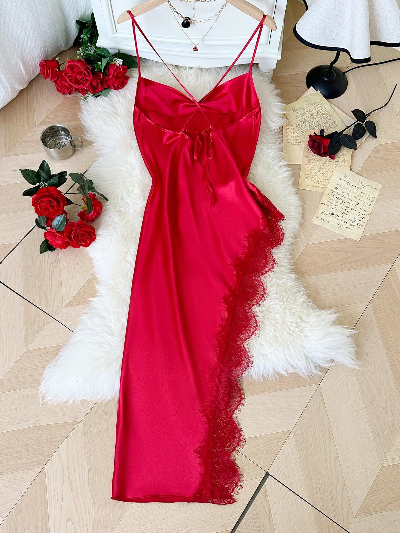 Lace Trim Satin Midi Nightgown — Cowl Neck Spaghetti Strap | Women's Elegant Sleepwear