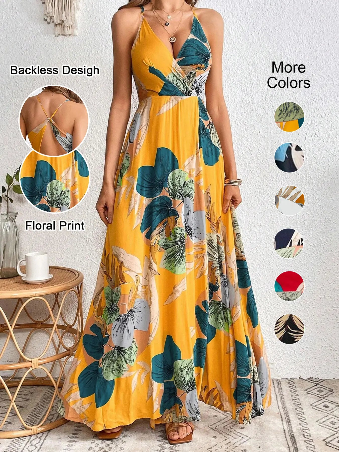 Tropical Print Thigh-High Slit Backless Spaghetti Strap Dress 1056