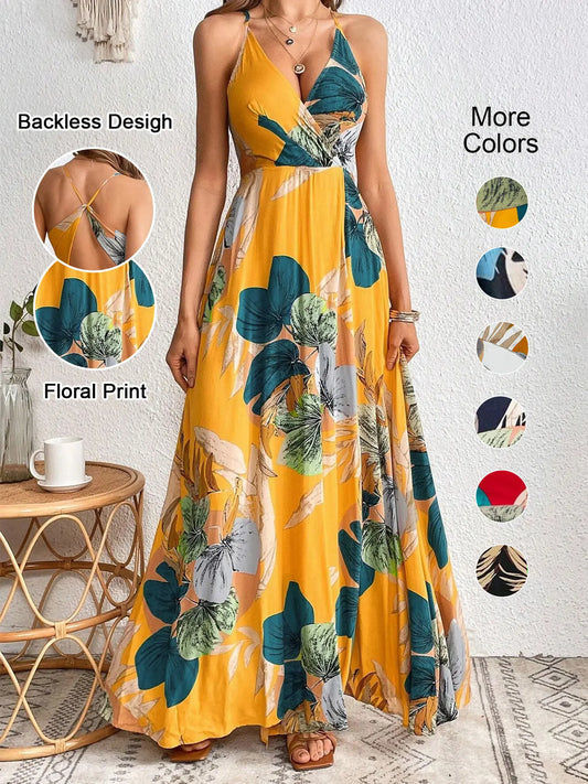 Tropical Print Spaghetti Strap Dress – Backless Thigh-High Slit | Sexy Beach Style