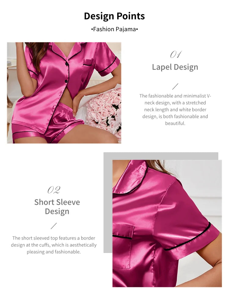 Satin Pajamas Set — Short Sleeve Button Top & Shorts | Women's Summer Sleepwear