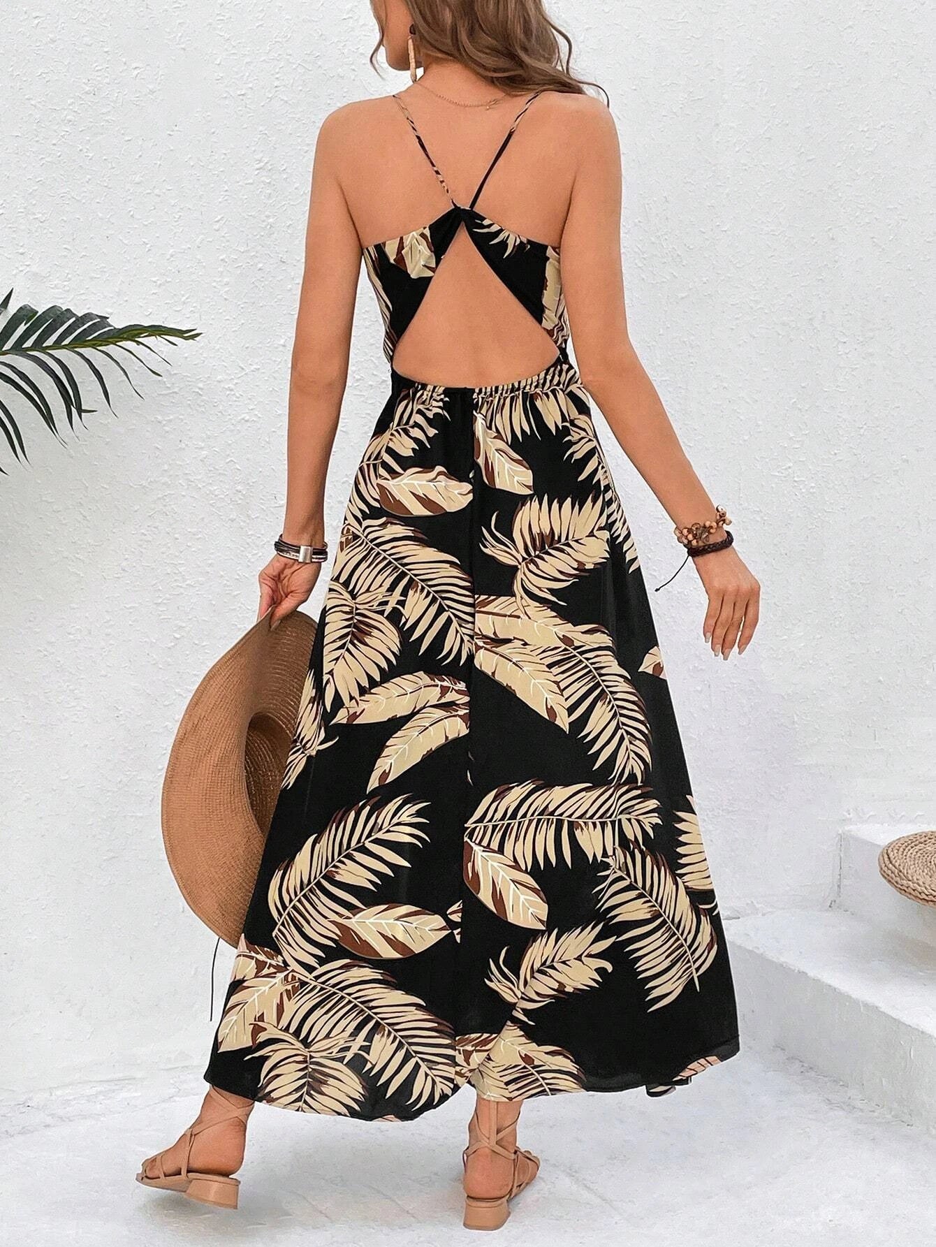 Tropical Print Thigh-High Slit Backless Spaghetti Strap Dress 1056