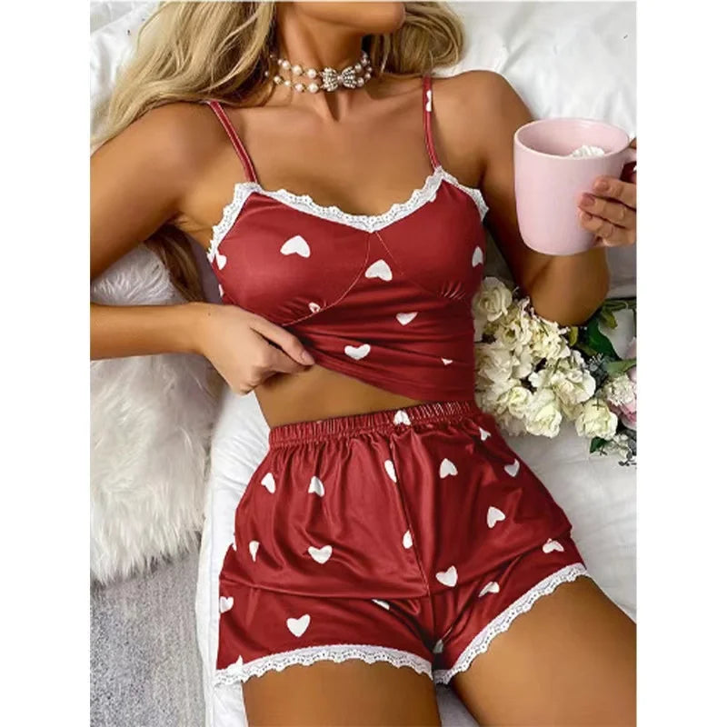Lace-Trim Printed Suspender Pajama Set – V-Neck Top & Shorts, 100% Cotton Summer Sleepwear (S–2XL)