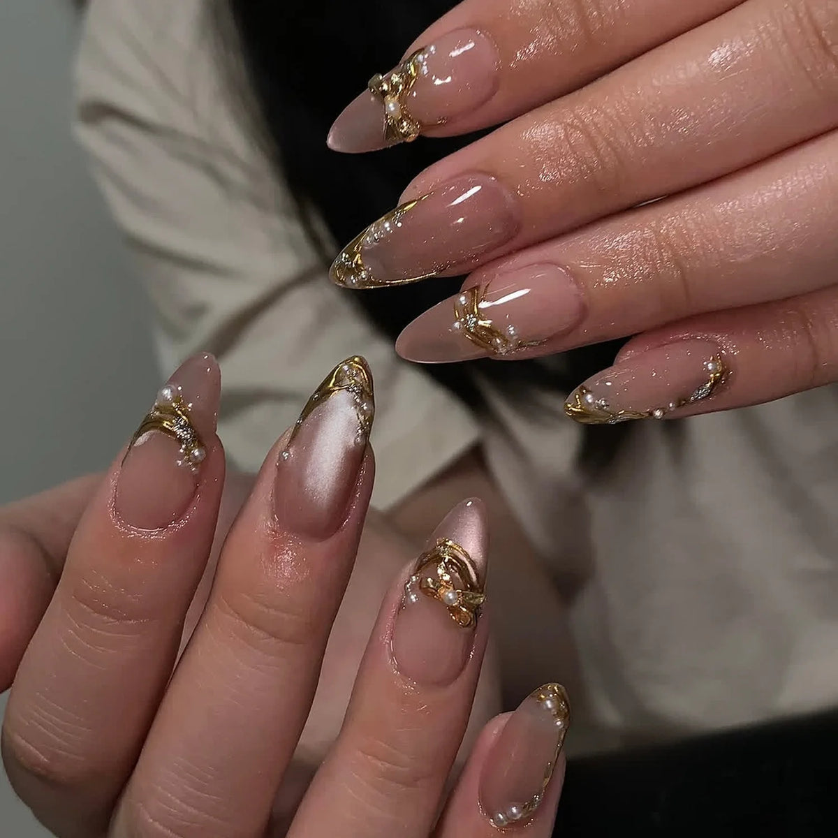 Handmade Almond Press-On Nails - Butterfly, French & Pearl Designs, 24 Pieces