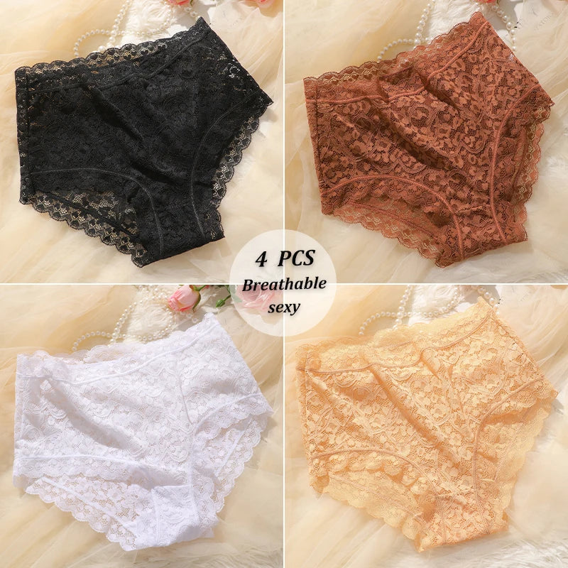 4-Pack High-Waist Lace Panties – Soft Breathable Hollow Briefs for Women (S–3XL, 9 Color Sets)