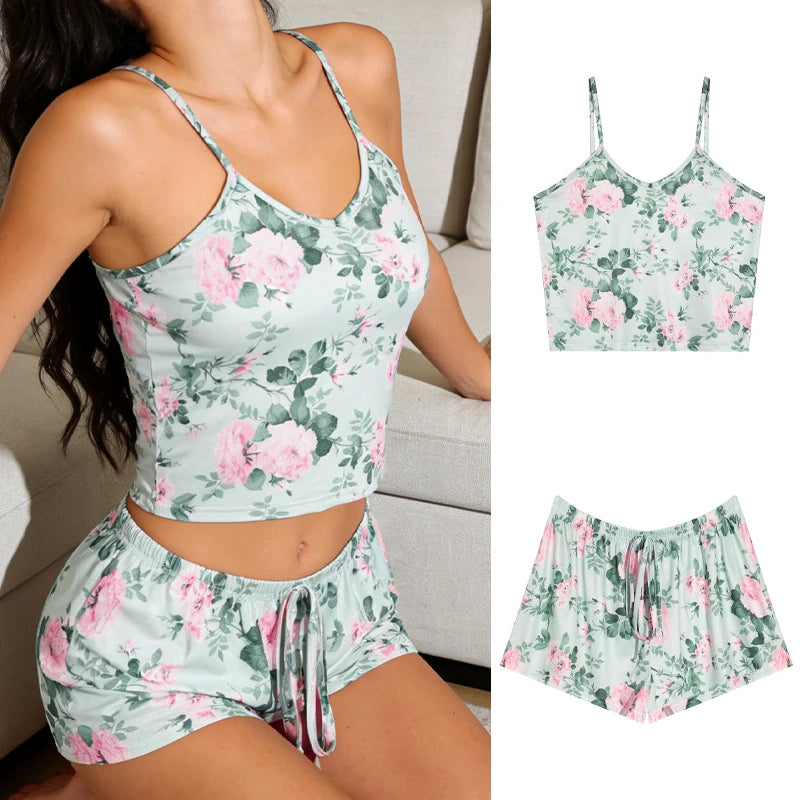 Cherry Print Ice Silk Pajama Set — Sleeveless Cami Top & Shorts