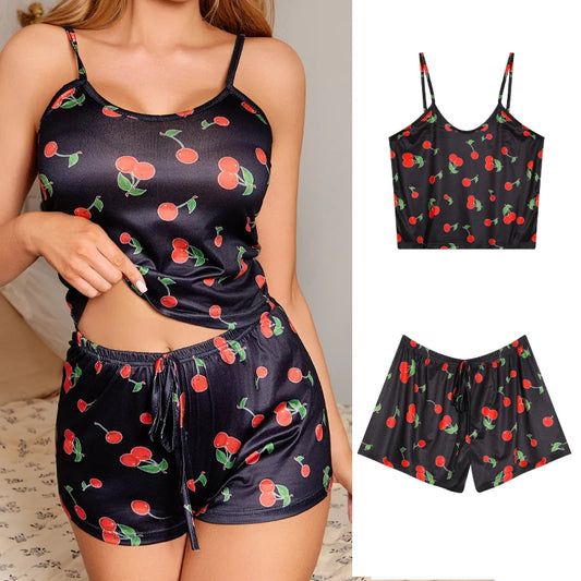 Cherry Print Ice Silk Pajama Set — Sleeveless Cami Top & Shorts
