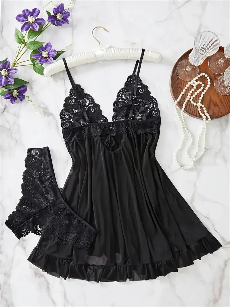 Lace Babydoll Lingerie Set — Floral Embroidery Slip Dress & Panty | Women's Intimate Wear