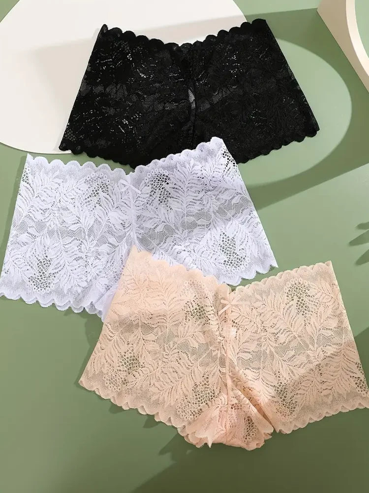 3-Pack Ice Silk Lace Boyshort Briefs – Seamless Low-Rise Underwear for Women (S–XL, 6 Color Sets)