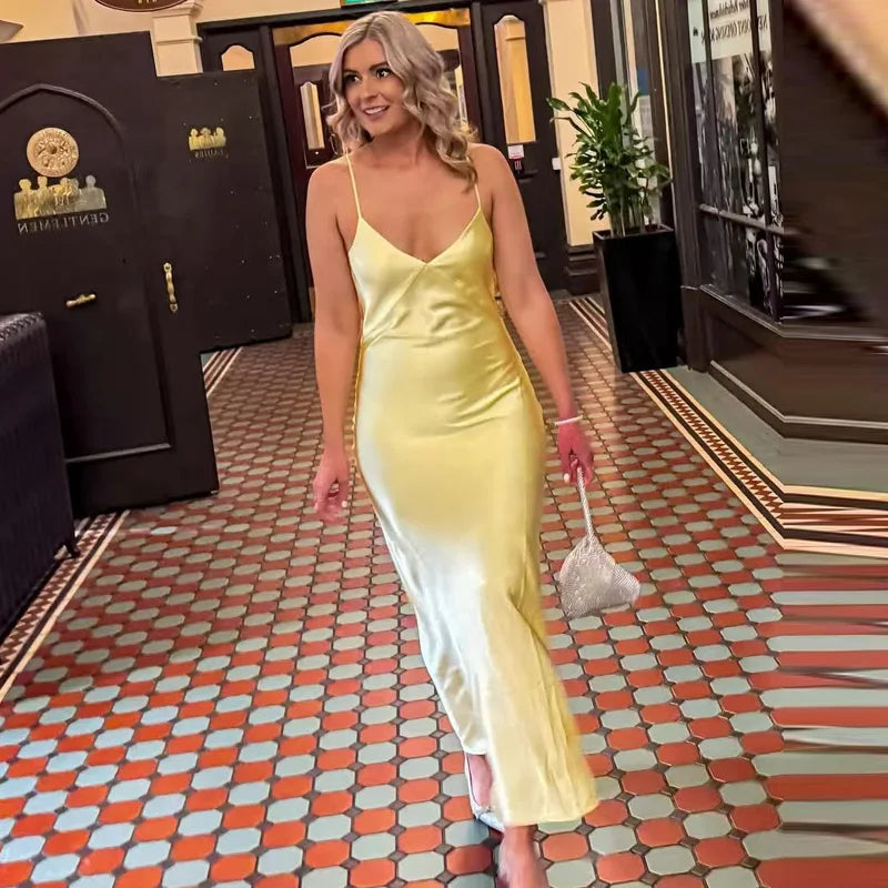 HXAO Womens Yellow Slip Dress Summer 2025 Woman Satin V-Neck Party Dresses Elegant Evening Sleeveless Backless Long Vestidos 066