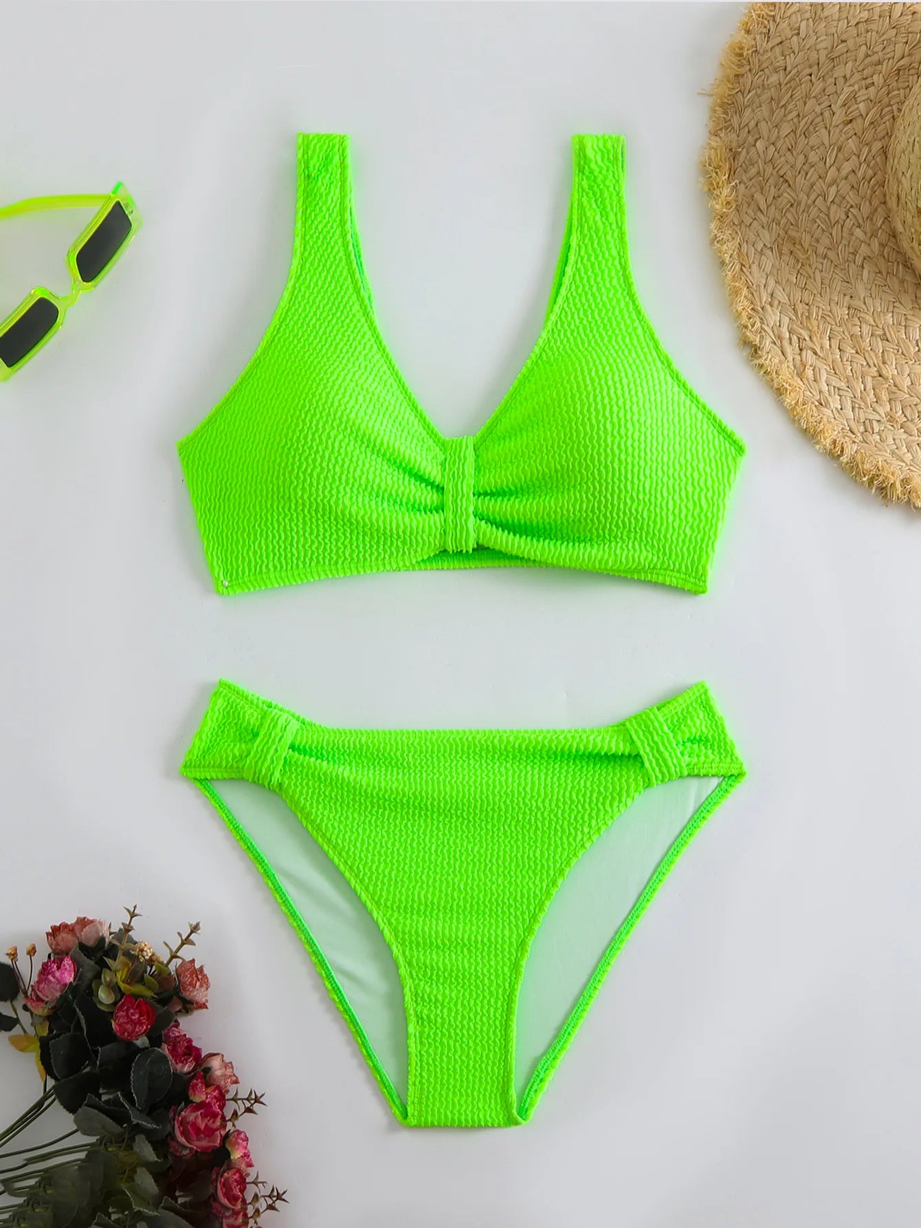 Solid Color High Waist Bikini Set — V-Neck Textured Top & Cheeky Bottoms | Women's Swimwear