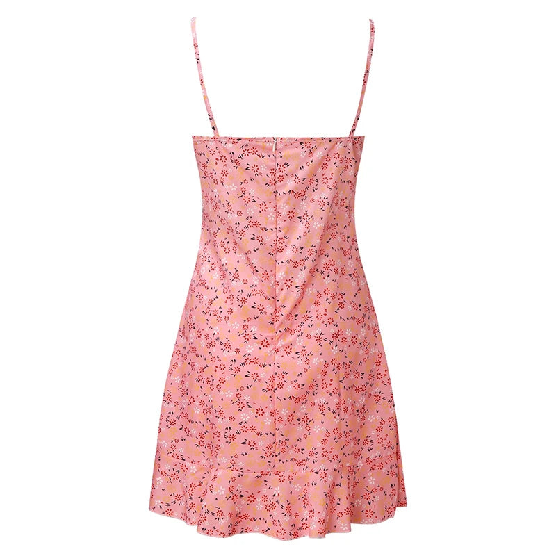 Floral Print Spaghetti Strap Mini Camisole Dress – Fit & Flare, Zipper | Women's Summer Beach Dress S–5XL