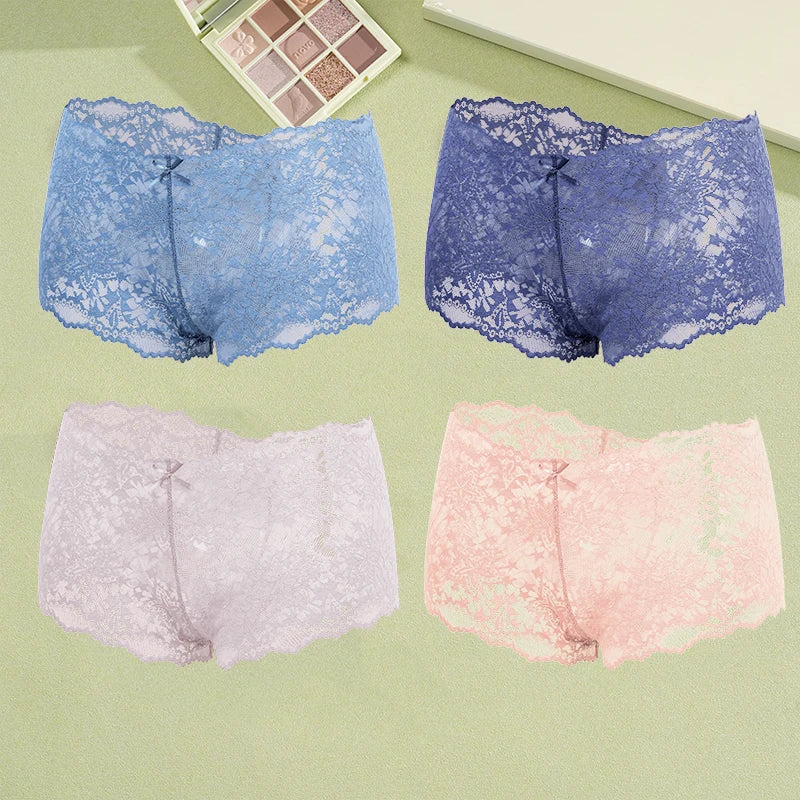 4-Pack Hollow Lace Boyshort Panties – Low-Rise Breathable Underwear for Women (S–2XL, 13 Color Sets)