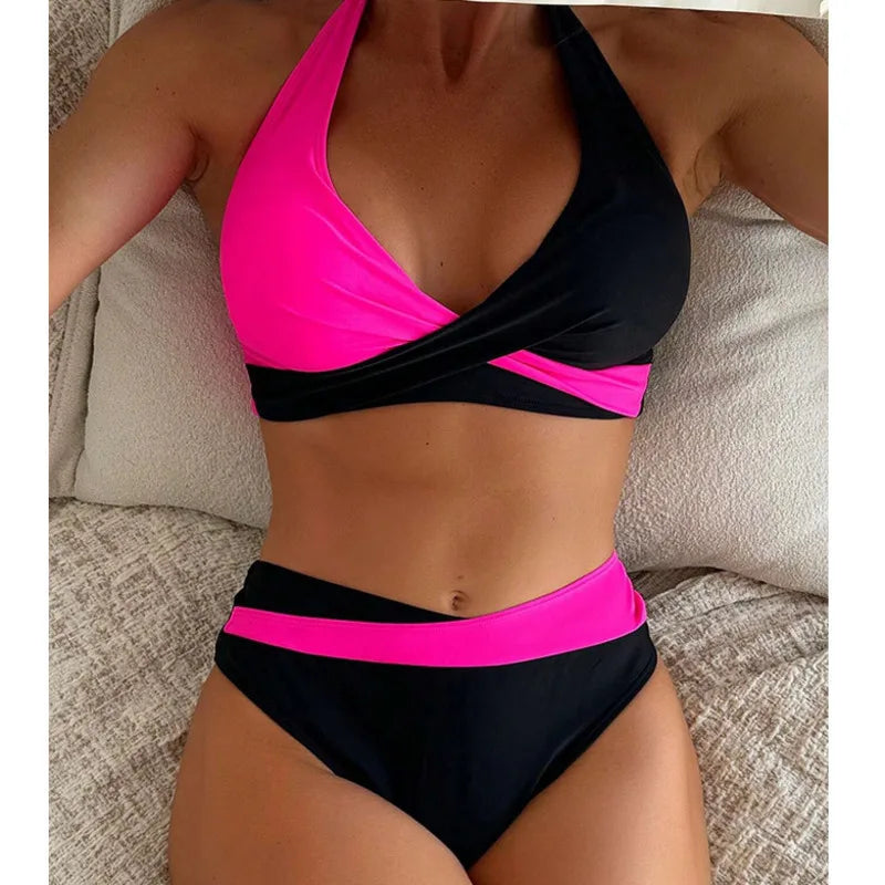Color Block Wrap Bikini Set — Halter Crossover Top & High Waist Bottoms | Women's Swimwear