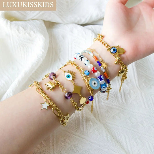 Evil Eye Bracelet – 18K Gold-Plated Stainless Steel Boho Charm Bracelet for Women