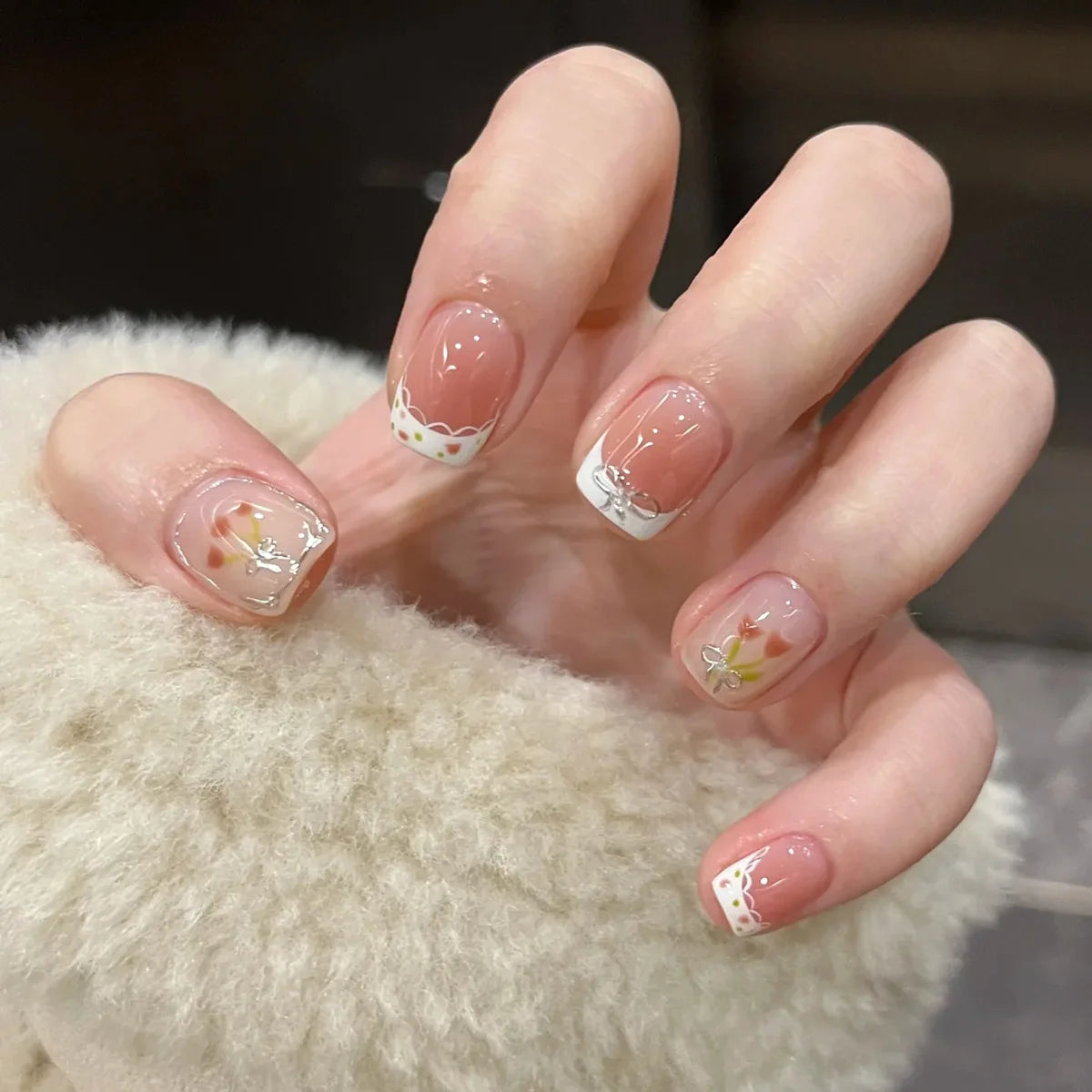 Short Press-On Nails - French Tip, Bow & Glitter Designs, 24 Pieces
