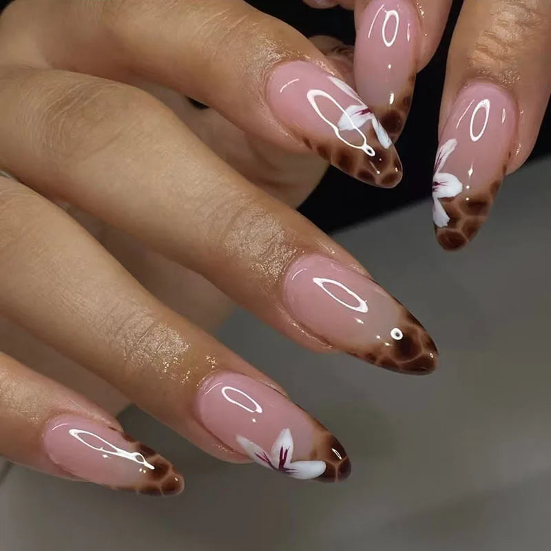 French Almond Press-On Nails – Leopard Print & 3D Bow Designs, 24 Pieces