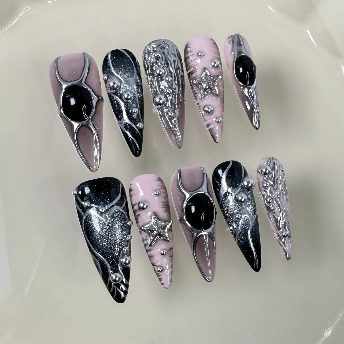 Long Stiletto Press-On Nails – Blue & Pink Cat-Eye with Silver Stripes, 10 Pieces