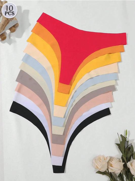 10-Pack Ice Silk G-String Panties – Seamless V-Waist Underwear for Women (XS–XL, 5 Color Sets)