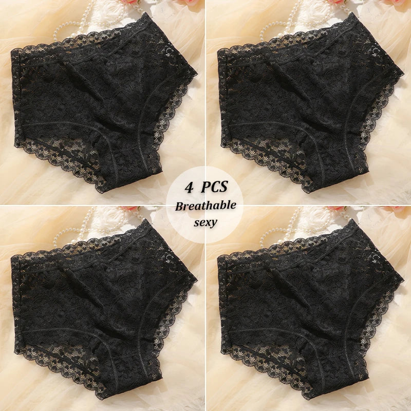 4-Pack High-Waist Lace Panties – Soft Breathable Hollow Briefs for Women (S–3XL, 9 Color Sets)