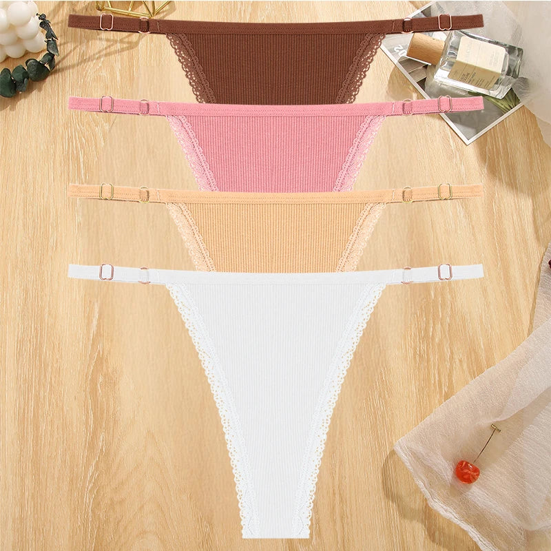Women's Cotton Lace G-String Thongs – 4-Piece Set | Low Rise Adjustable Waistband Hipster Underwear (S–XL)