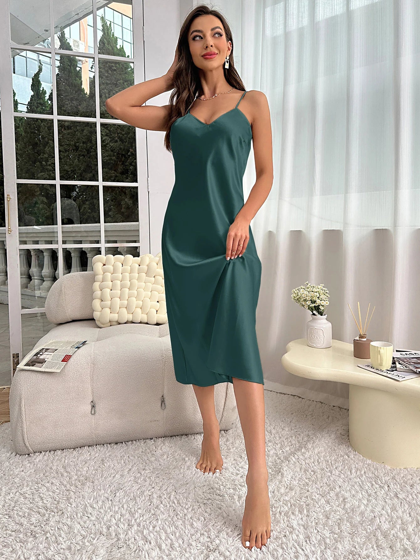 Spaghetti Strap V-Neck Nightdress — Mid-Calf Slip Nightgown | Women's Sleepwear