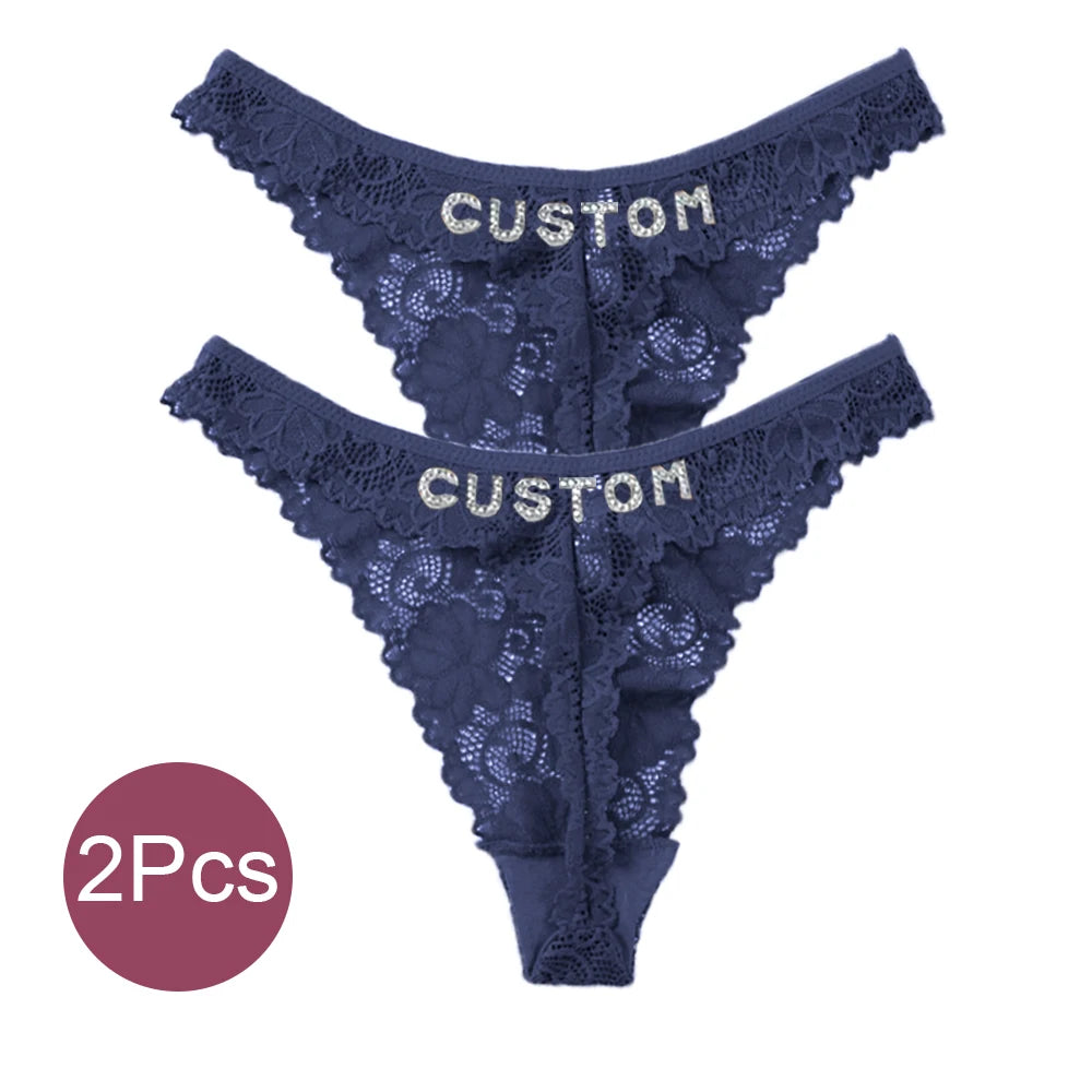 Custom Name Crystal Letter Thong | Dual-Color Lace G-String | Personalized Hotwife Gift