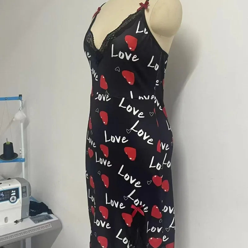 Lace-Edge V-Neck Sling Nightdress – Side-Split Cotton Sleepwear with Love Print (S–XL, 2 Colors)