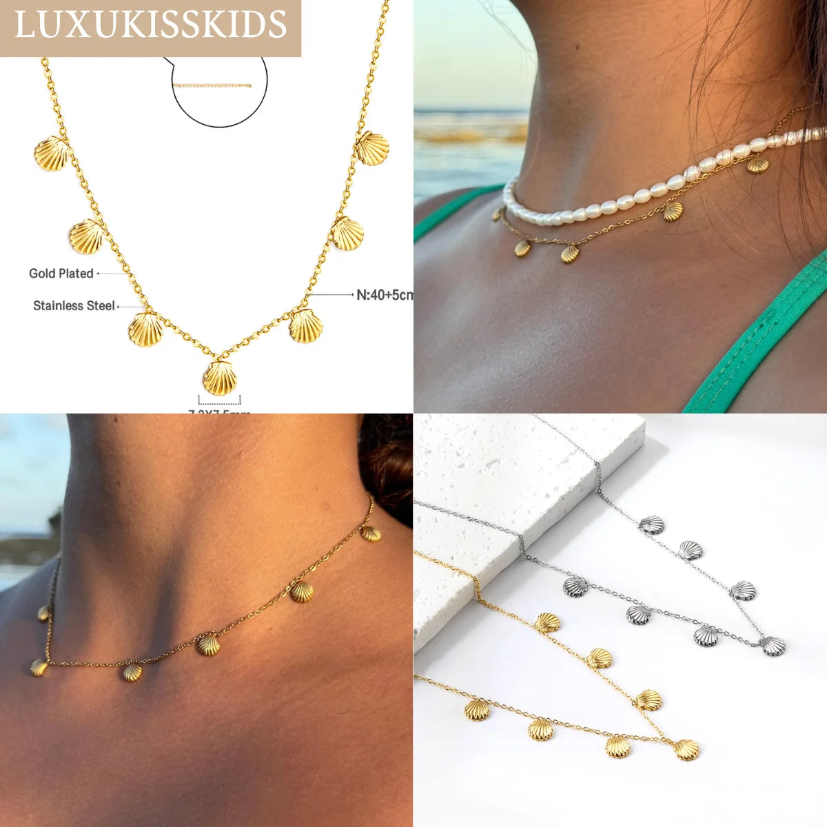 Shell Jewelry Set – 18K Gold-Plated Stainless Steel Necklace, Earrings & Bracelet for Women