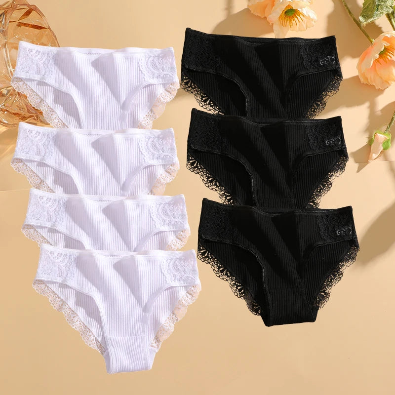 FINETOO 7PCS Cotton Underwear Women's Panties Set Comfort Underpants Floral Lace Briefs For Woman Sexy Low-Rise Pantys Intimates