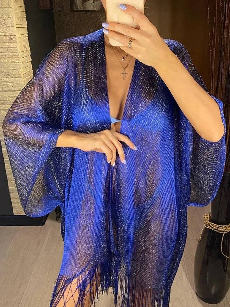 Metallic Tassel Trim Beach Cover-Up — Sheer Kimono | Women's Swimwear