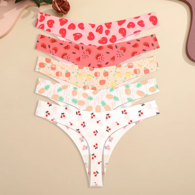 5-Pack Ice Silk Printed Thongs — Seamless Low-Rise G-String Panties