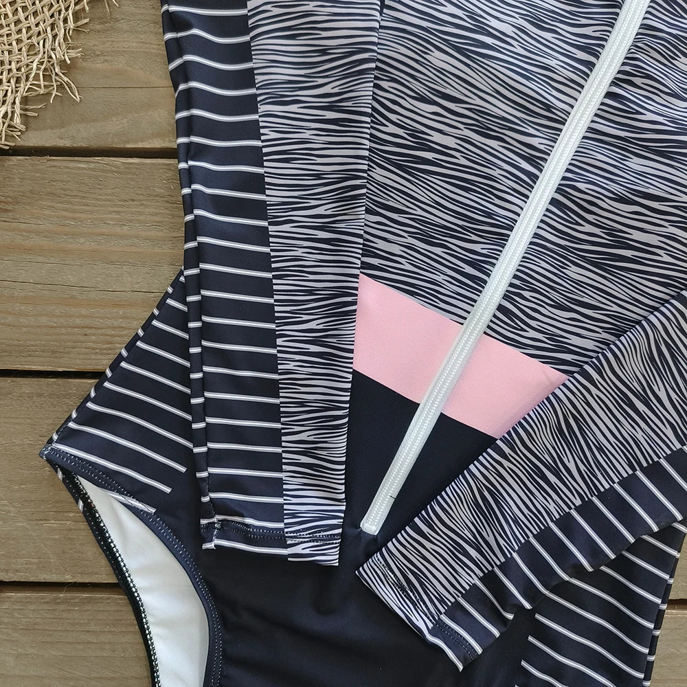 Color Block Surfing One-Piece Swimsuit — Long Sleeve Zipper | Women's Sport Swimwear