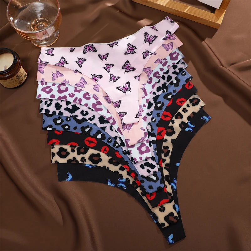 5-Pack Ice Silk Printed Thongs — Seamless Low-Rise G-String Panties