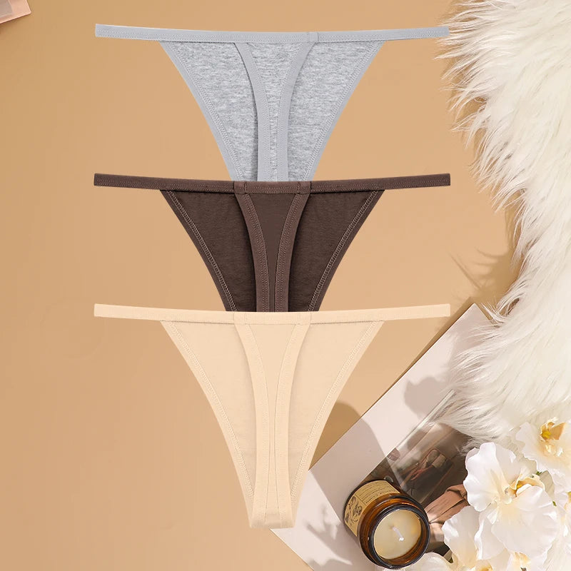 FINETOO 3PCS/Set Sexy Women Cotton G-String Underwear Low Waist Panties Girl T-back Panty Soft Thin Strap Femme Thong Lingerie