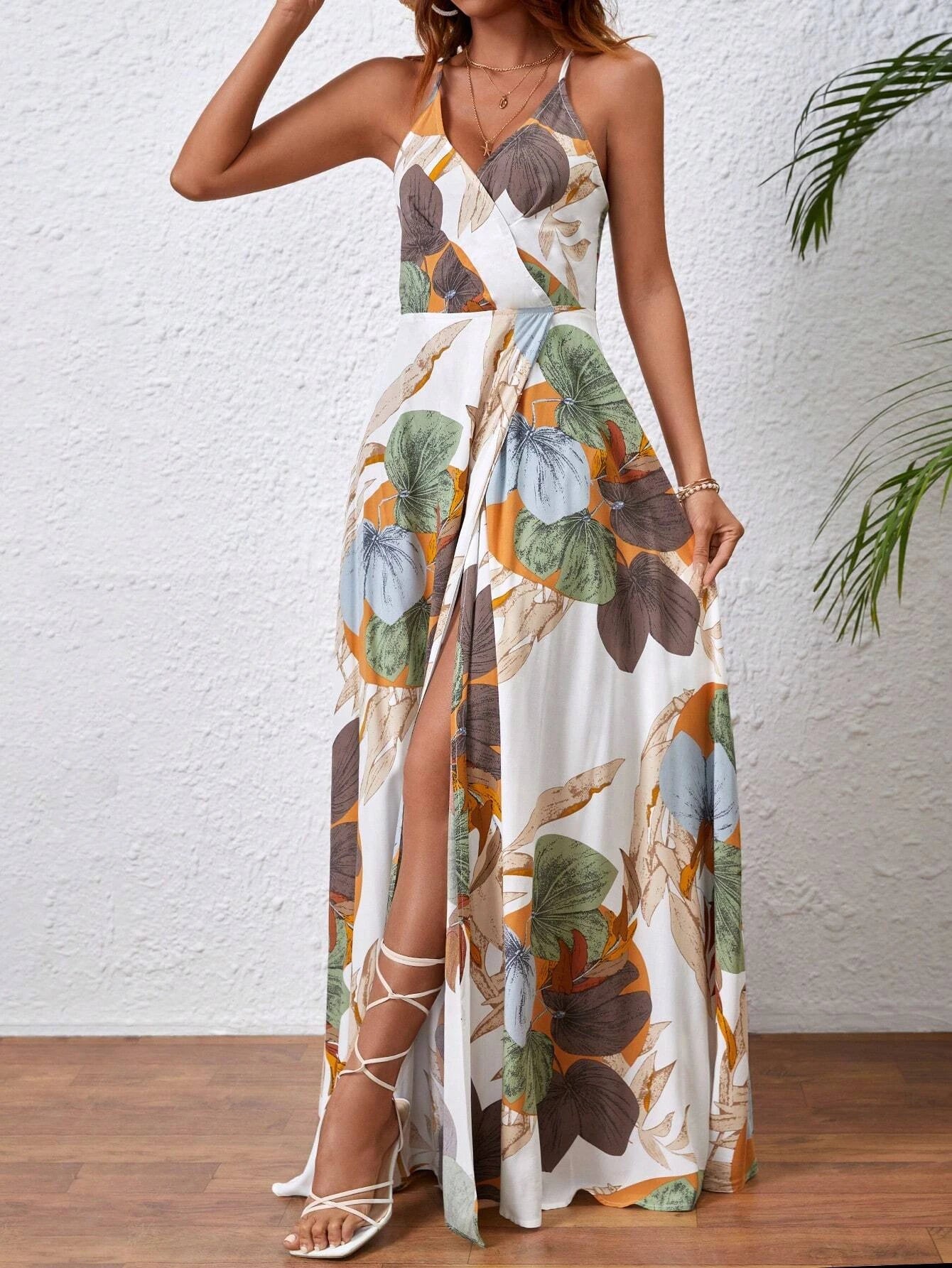 Tropical Print Thigh-High Slit Backless Spaghetti Strap Dress 1056