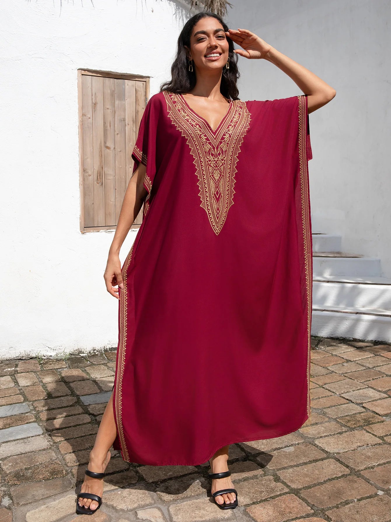 Embroidery Beach Cover-Up Kaftan — Loose V-Neck Long Robe | Women's Swimsuit Cover-Up