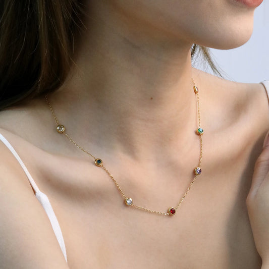 Colorful Rhinestone Chain Necklace – Multicolor Zirconia 18K Gold-Plated Stainless Steel Sweater Necklace for Women