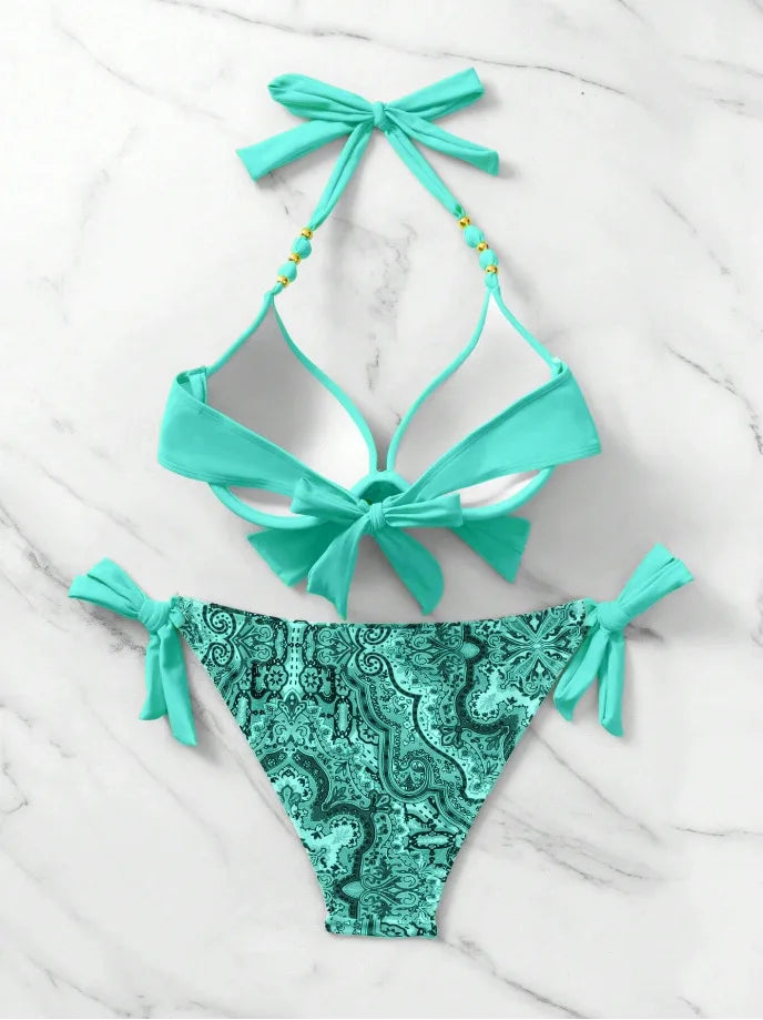 Push-Up Halter Bikini Set — Bow-Tie Top & Printed Side-Tie Bottoms | Women's Swimwear
